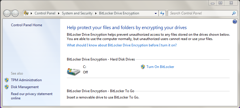 Screengrab of Bitlocker's user interface in Windows 7.