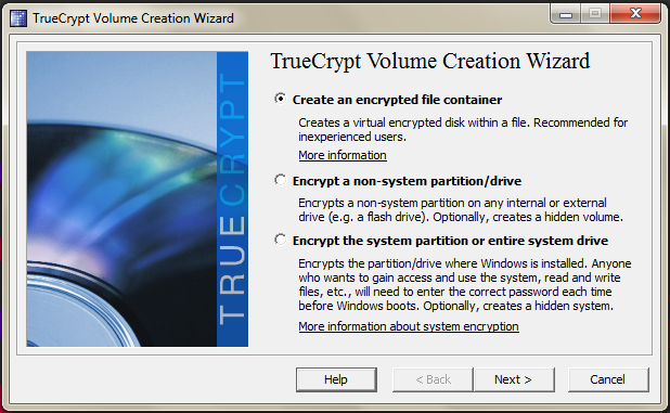 TrueCrypt program window showing options to create a new encrypted volume.