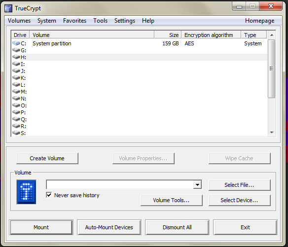 The TrueCrypt window showing a list of drives and drive letters to mount.