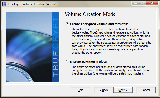 The TrueCrypt volume creation window.