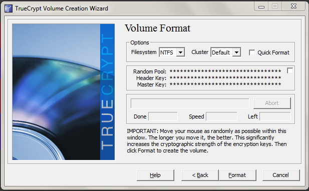 The TrueCrypt volume format window.