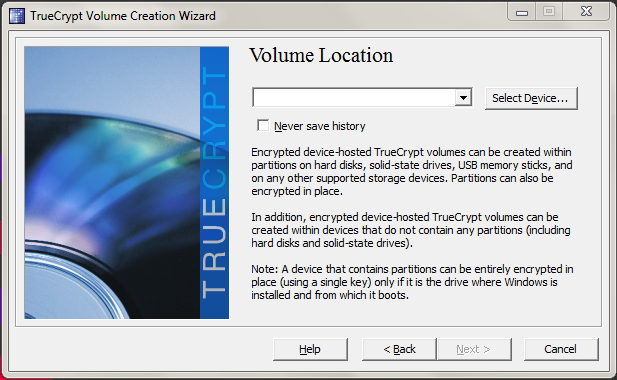 Specifying TrueCrypt volume location.