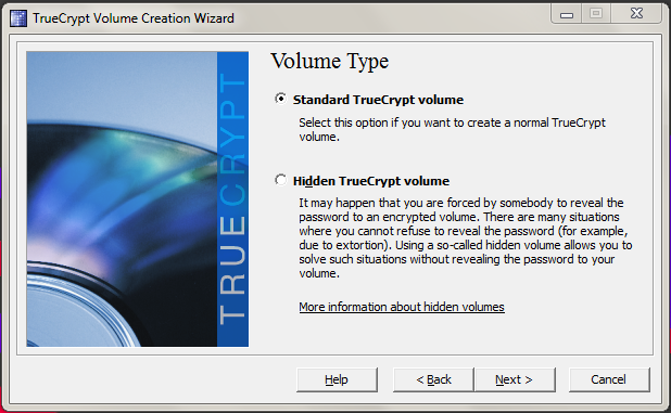 Specifying TrueCrypt volume type.