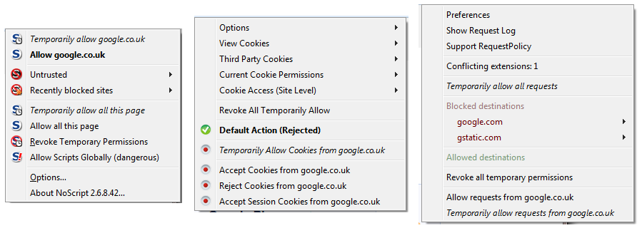 Examples of NoScript, CookieMonster and RequestPolicy permission menus.