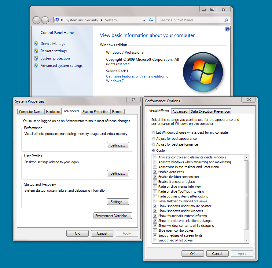 The Windows System Properties and Performance Options (visual effects) menus.