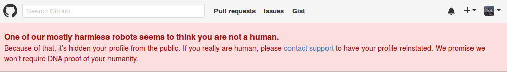 The GitHub message prompting me that I'm possibly not human.